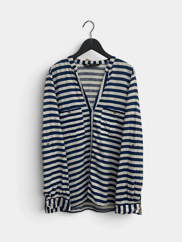Camisa rayada v manga larga zara