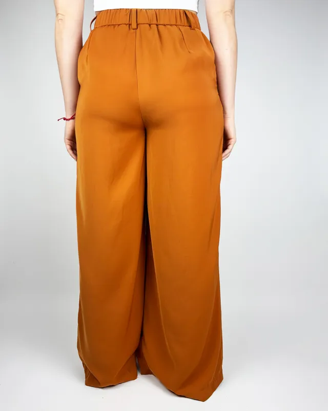 Pantalon tela marron con una pierna plizada josephine