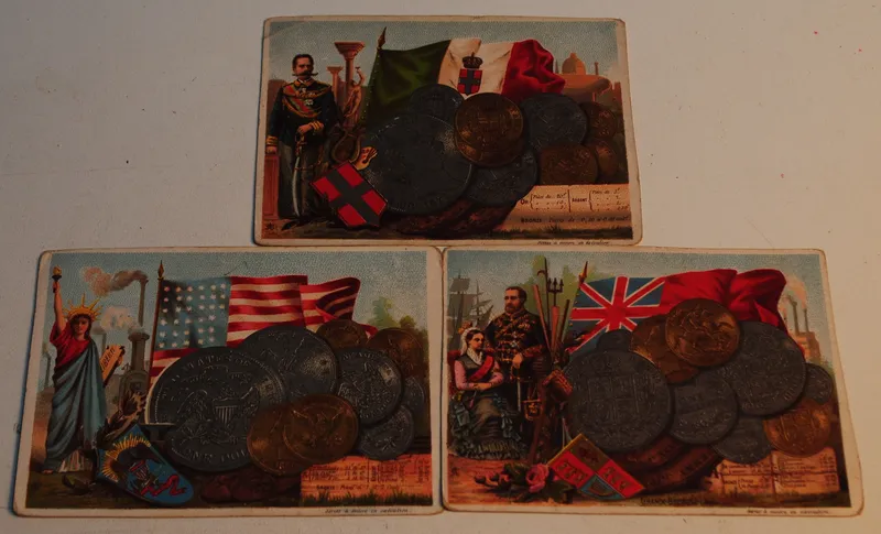 3 postales con monedas