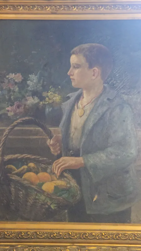 Oleo niño con canasto de principios del siglo xx