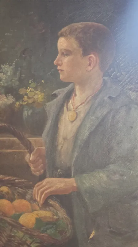 Oleo niño con canasto de principios del siglo xx