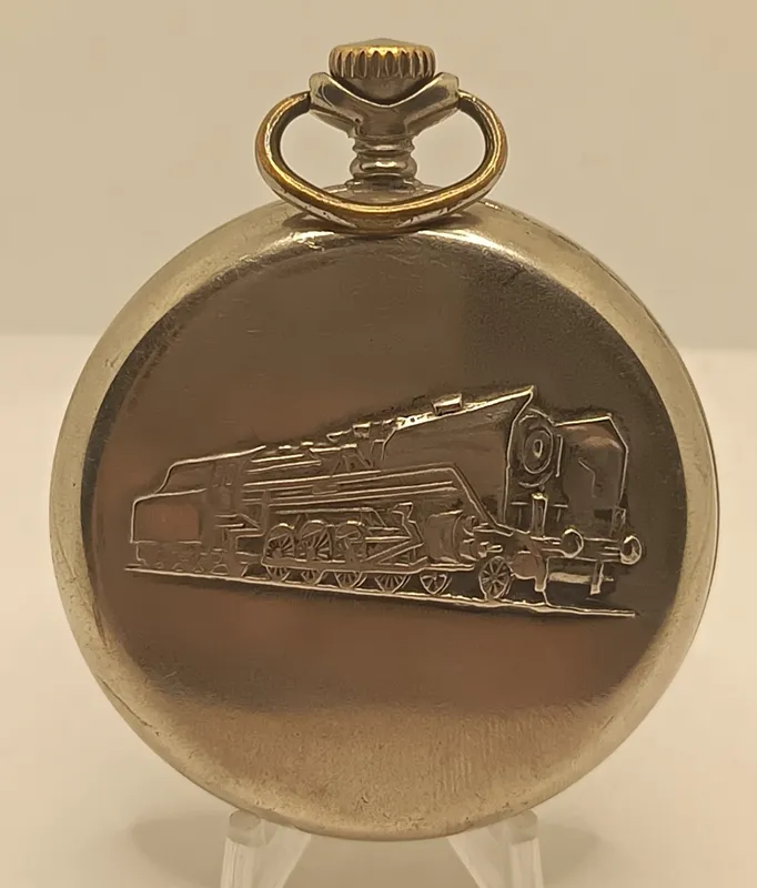 Reloj de bolsillo contratapa con locomotora tren antiguo marca technos