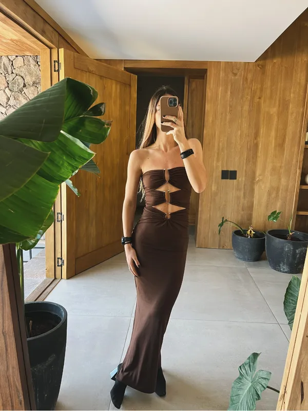 Vestido marron strapless apliques Peppermayo