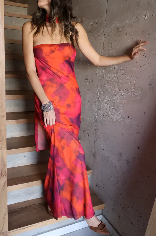 Vestido estampado strapless c/ bufanda Cler