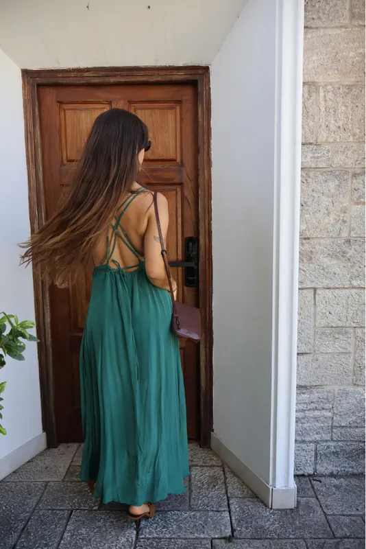 Vestido verde petroleo espalda Maria Cher