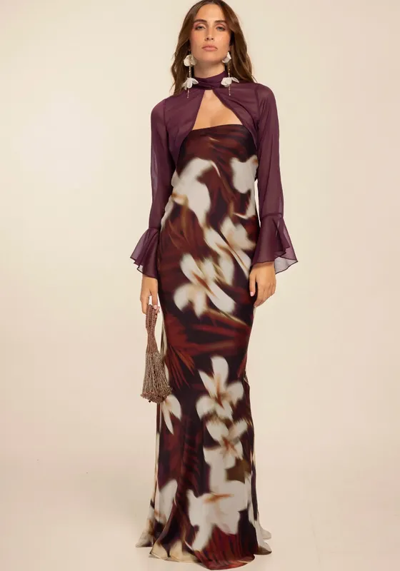Vestido bordo estampado strapless c/ poncho Studio The Are