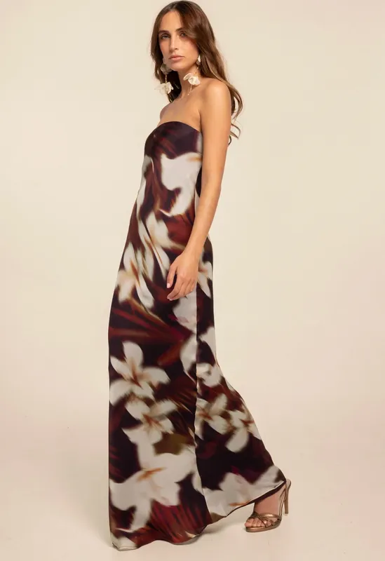 Vestido bordo estampado strapless c/ poncho Studio The Are
