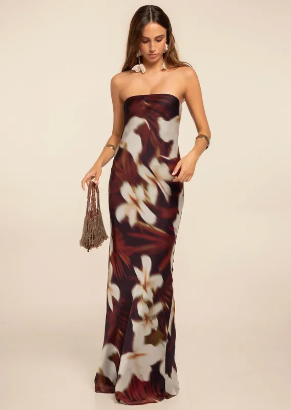 Vestido bordo estampado strapless c/ poncho Studio The Are
