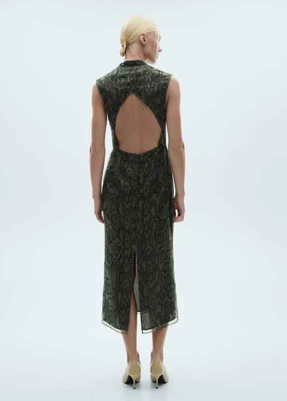 Vestido verde serpiente organza espalda Mango