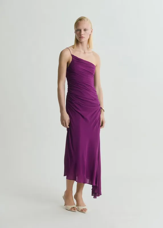 Vestido violeta asimétrico laterales fruncidos Mango
