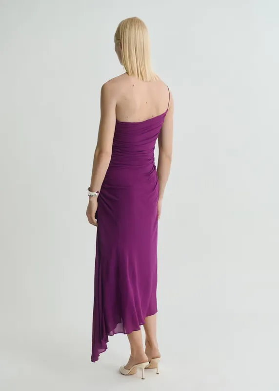 Vestido violeta asimétrico laterales fruncidos Mango